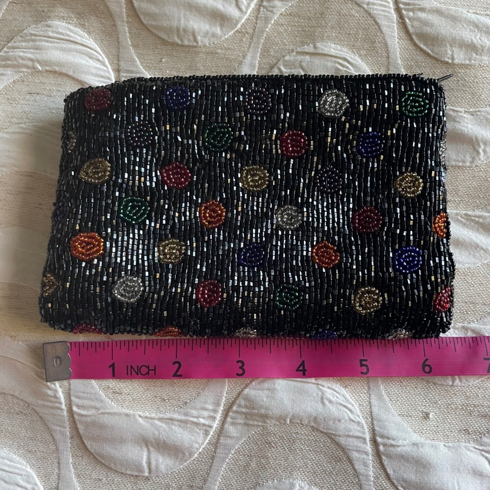 Vintage Neiman Marcus Hand Beaded 80s Black Multicolor Polka Dot zip Pouch